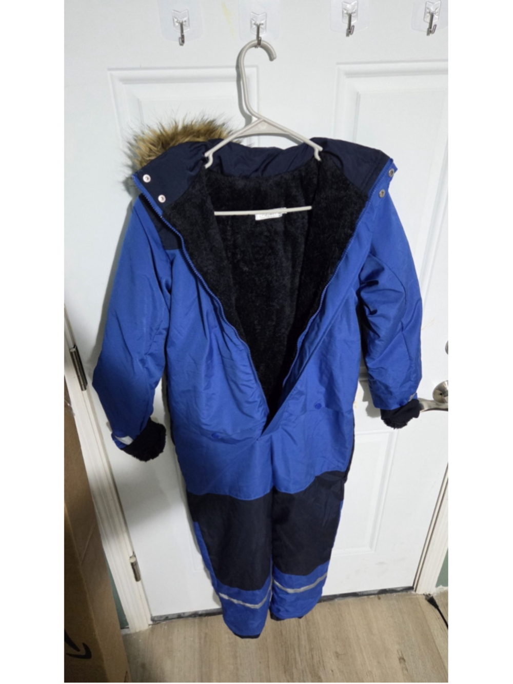 Fashion Classic Blue Ski Snowsuit One Piece Hood Fur Size 160